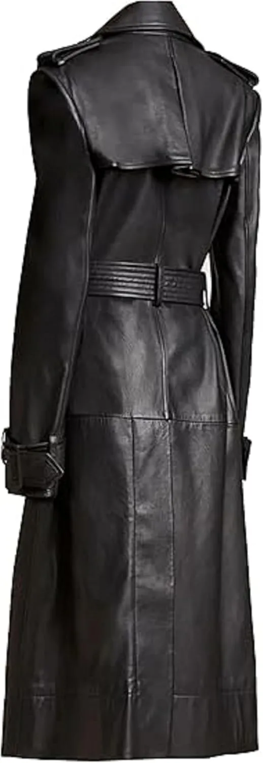 Women’s Black Belted Trench Coat Genuine Leather Full Length for Timeless Style