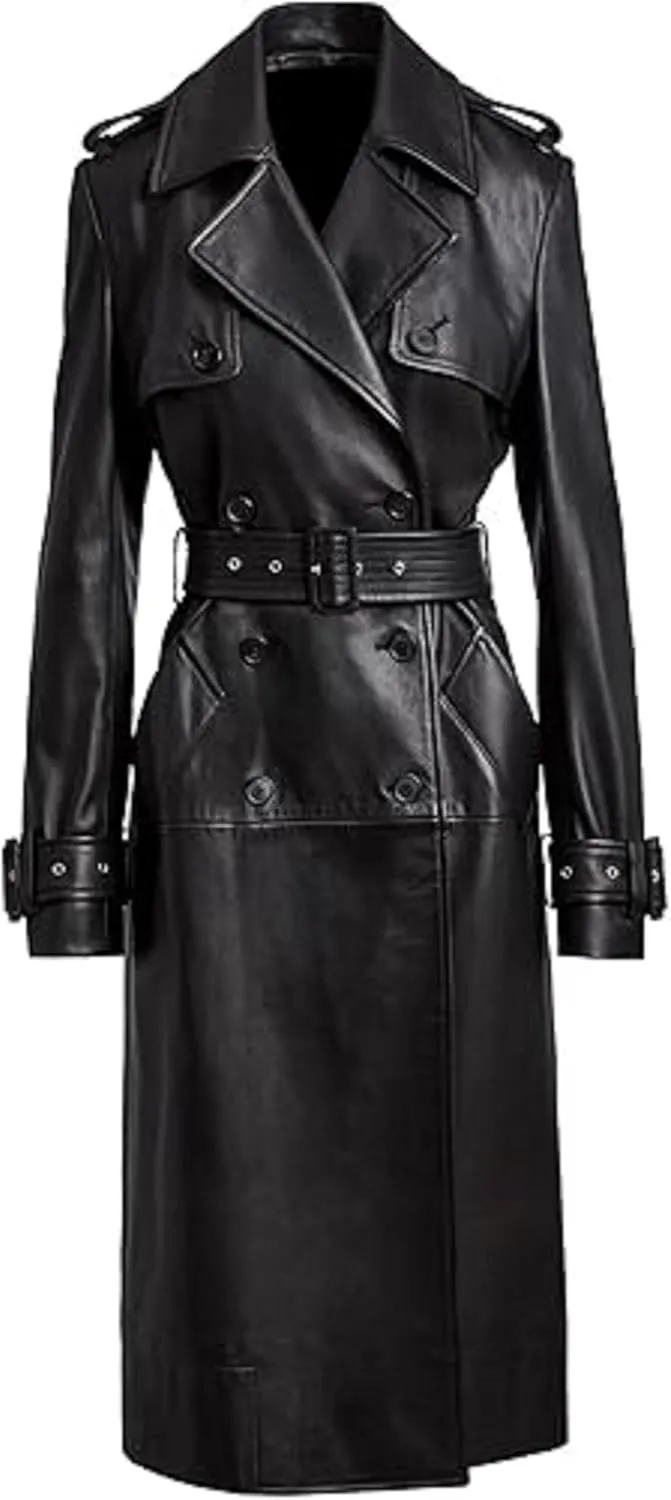 Women’s Black Belted Trench Coat Genuine Leather Full Length for Timeless Style