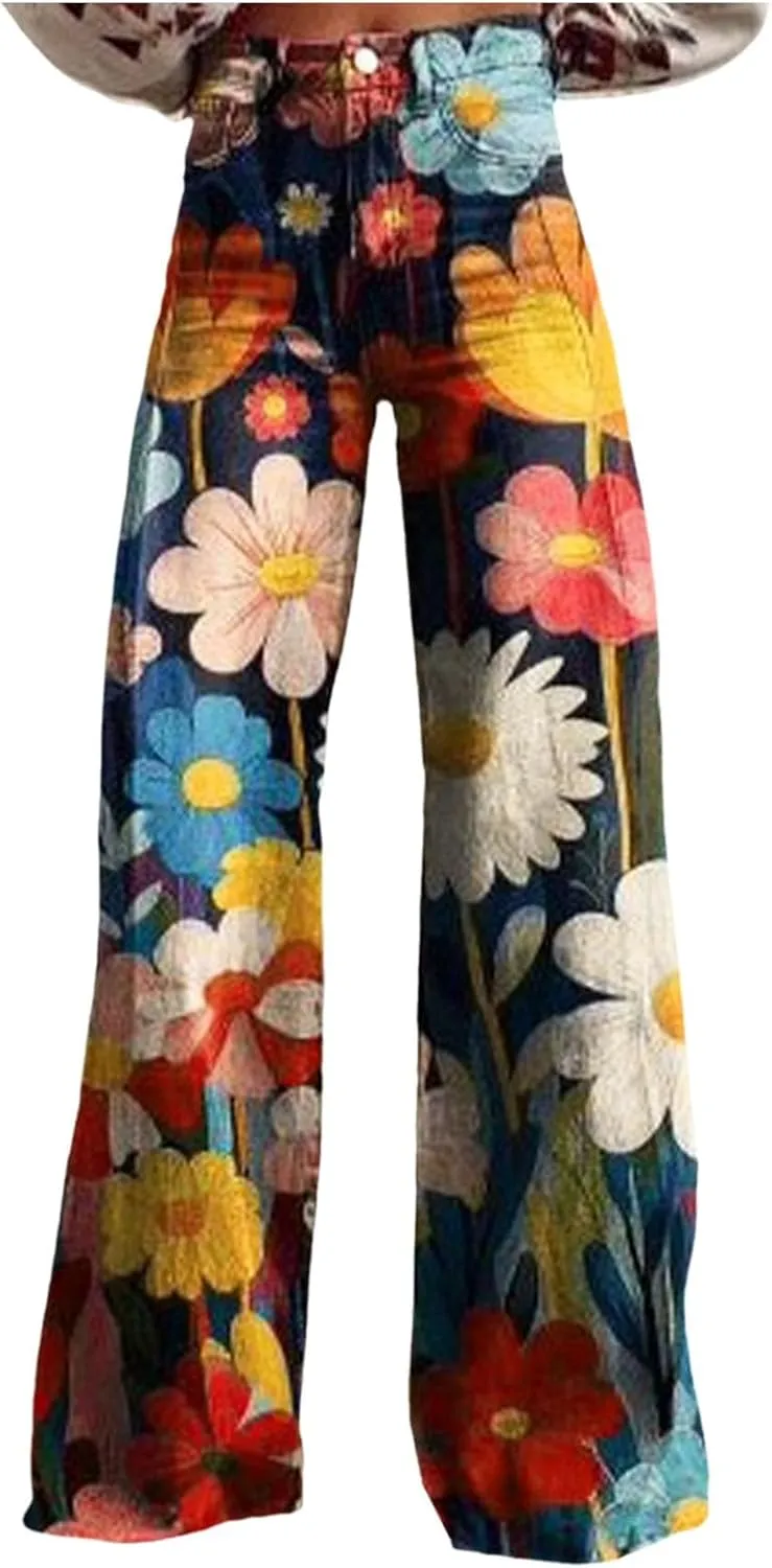 Womens Flare Jeans 2025 Y2k Wide Leg Baggy Vintage Floral Print High Waisted Straight Stretch Denim Pants Streetwear