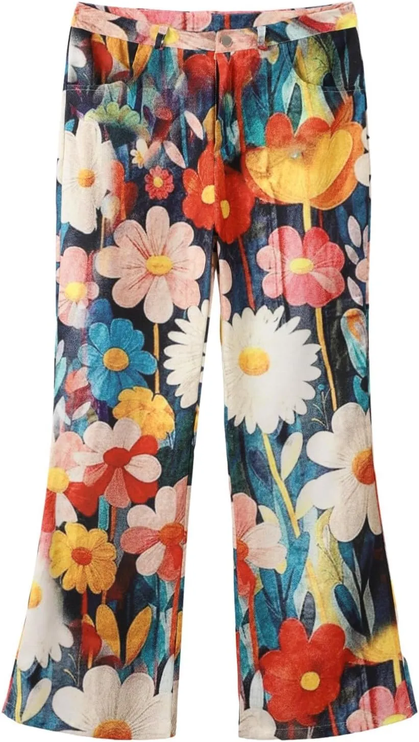Womens Flare Jeans 2025 Y2k Wide Leg Baggy Vintage Floral Print High Waisted Straight Stretch Denim Pants Streetwear