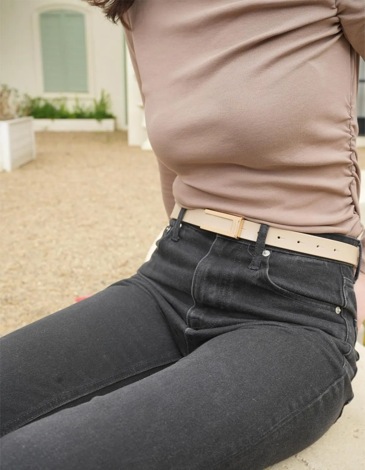 Womens Leather Belt for Pants Jeans Fashion Dresses Gold Buckle Skinny Belts for Ladies 2 Pack