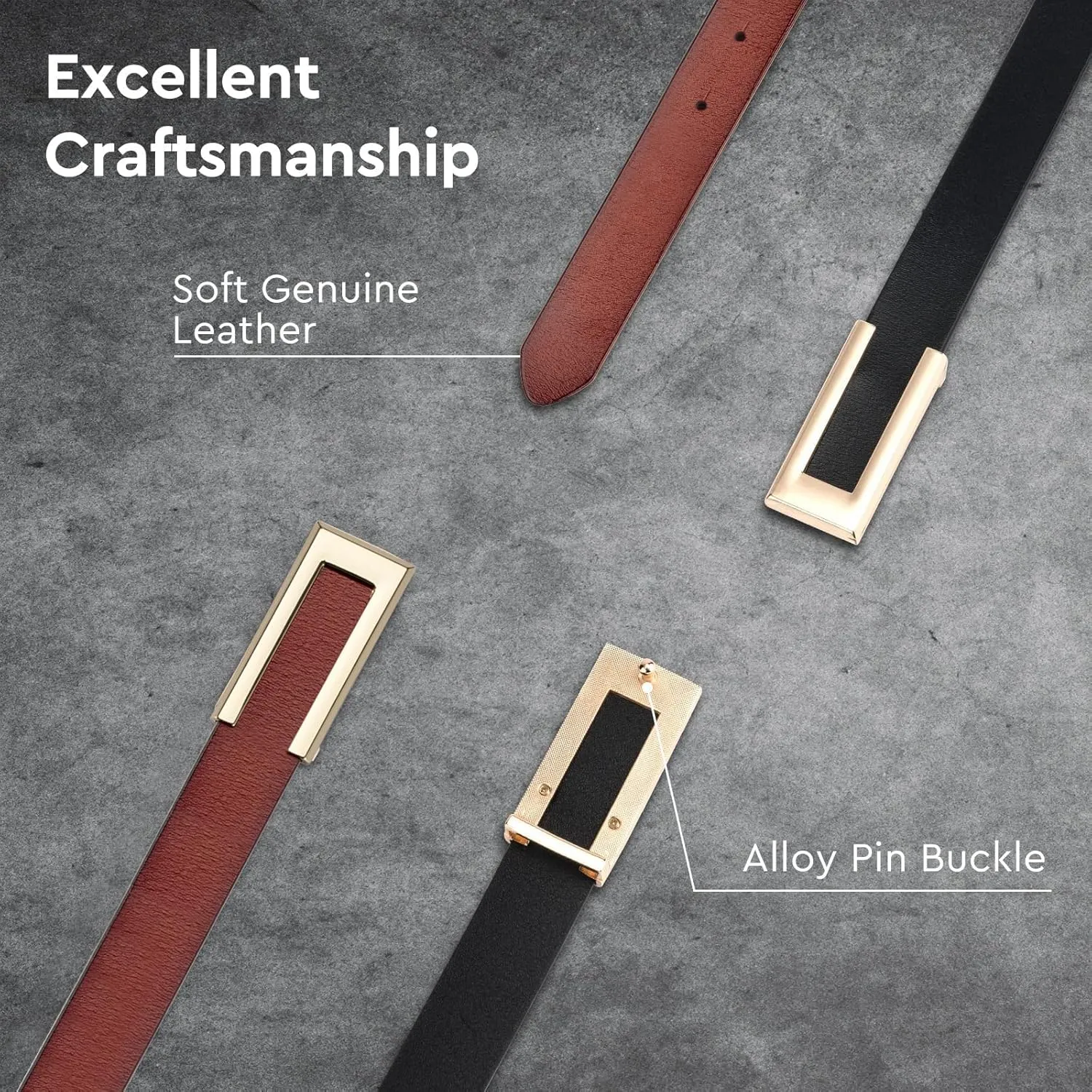 Womens Leather Belt for Pants Jeans Fashion Dresses Gold Buckle Skinny Belts for Ladies 2 Pack