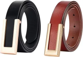 Womens Leather Belt for Pants Jeans Fashion Dresses Gold Buckle Skinny Belts for Ladies 2 Pack