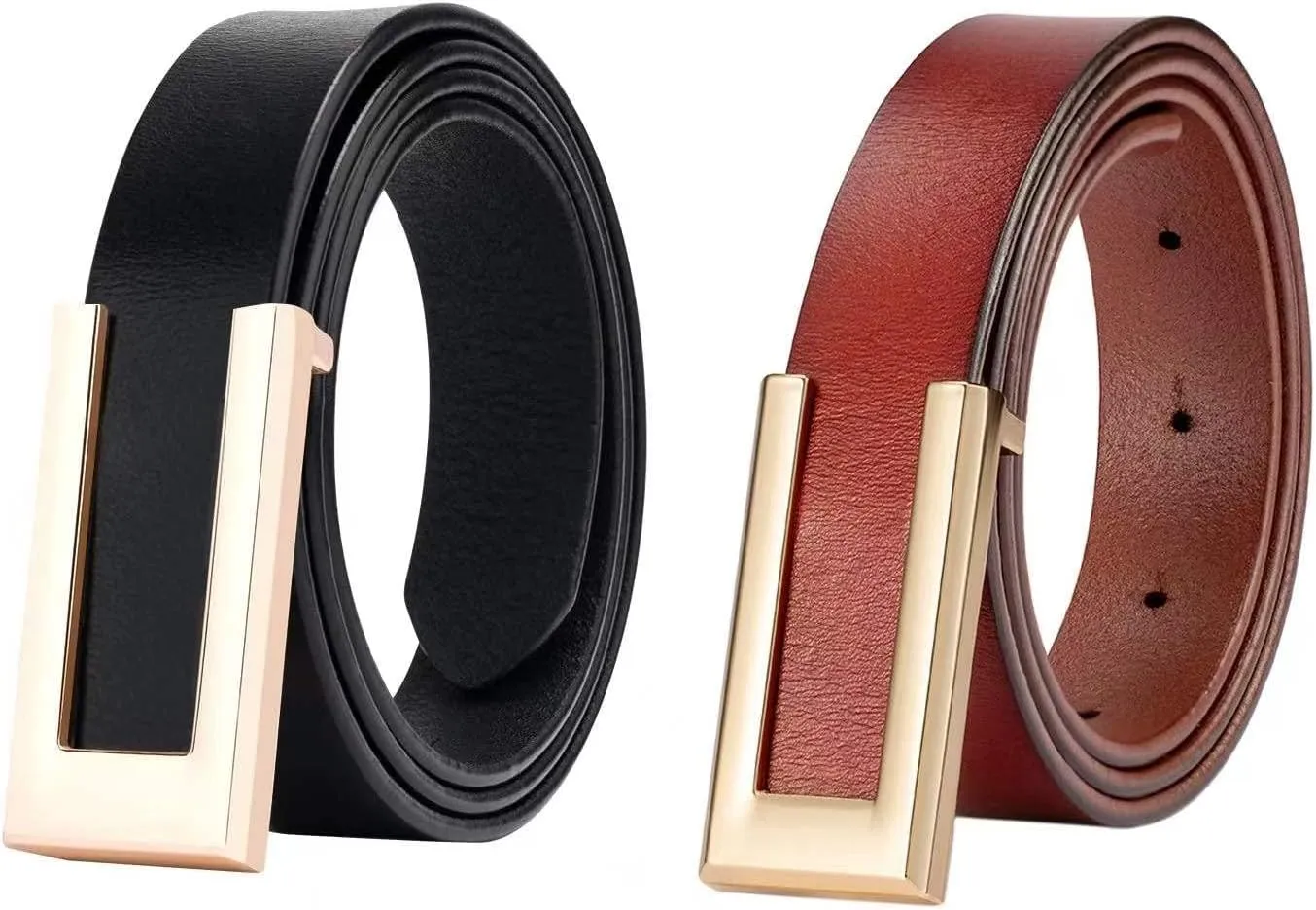 Womens Leather Belt for Pants Jeans Fashion Dresses Gold Buckle Skinny Belts for Ladies 2 Pack