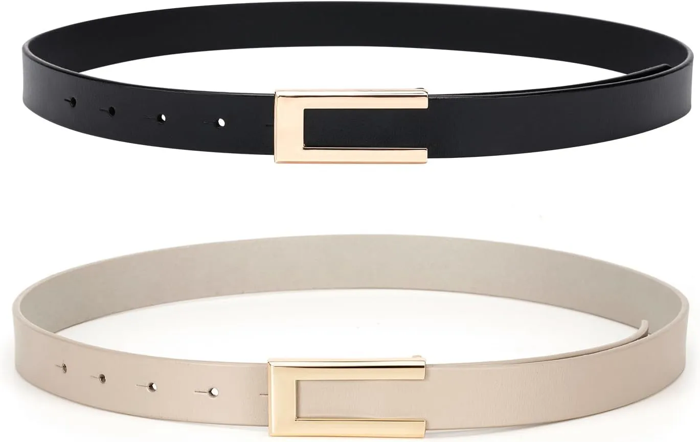 Womens Leather Belt for Pants Jeans Fashion Dresses Gold Buckle Skinny Belts for Ladies 2 Pack