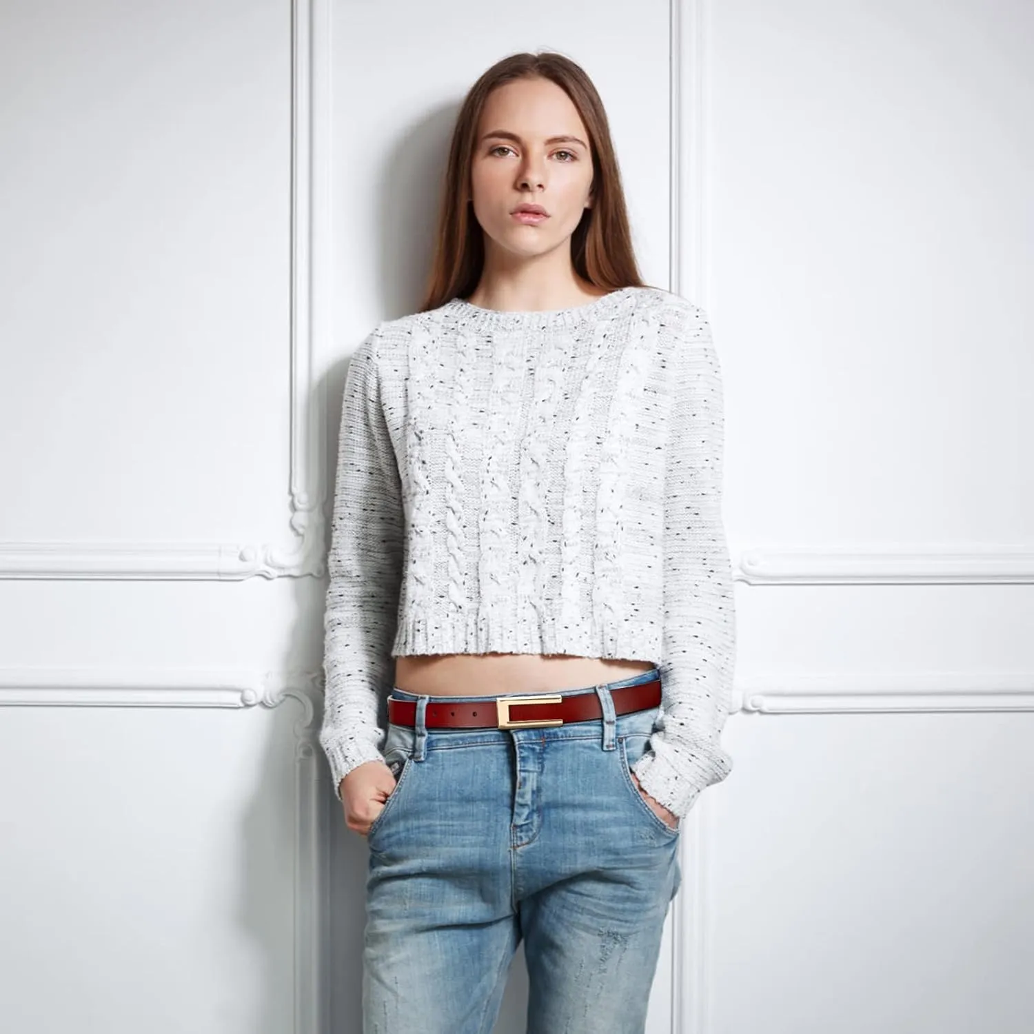 Womens Leather Belt for Pants Jeans Fashion Dresses Gold Buckle Skinny Belts for Ladies 2 Pack