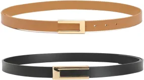 Womens Leather Belt for Pants Jeans Fashion Dresses Gold Buckle Skinny Belts for Ladies 2 Pack