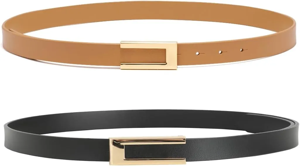 Womens Leather Belt for Pants Jeans Fashion Dresses Gold Buckle Skinny Belts for Ladies 2 Pack