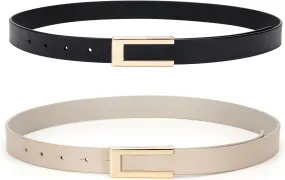 Womens Leather Belt for Pants Jeans Fashion Dresses Gold Buckle Skinny Belts for Ladies 2 Pack