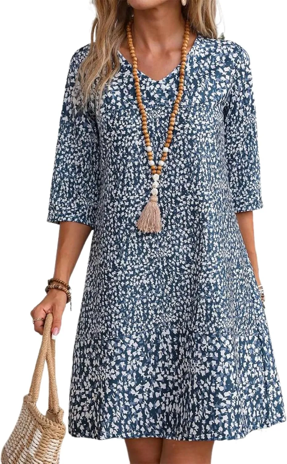 Women's Shift Loose Ditsy Floral Print V-Neck Half Sleeve Blue Mini Dress 2025 Spring Summer Stylish Casual Chic Dress