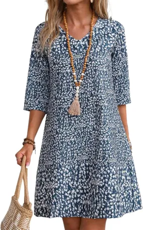 Women's Shift Loose Ditsy Floral Print V-Neck Half Sleeve Blue Mini Dress 2025 Spring Summer Stylish Casual Chic Dress