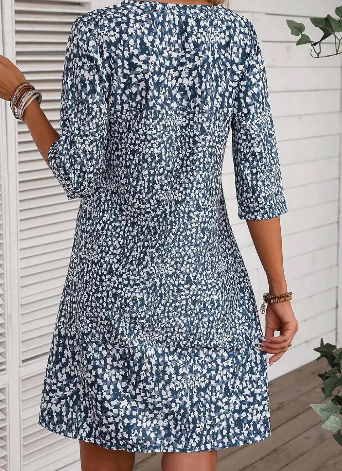 Women's Shift Loose Ditsy Floral Print V-Neck Half Sleeve Blue Mini Dress 2025 Spring Summer Stylish Casual Chic Dress
