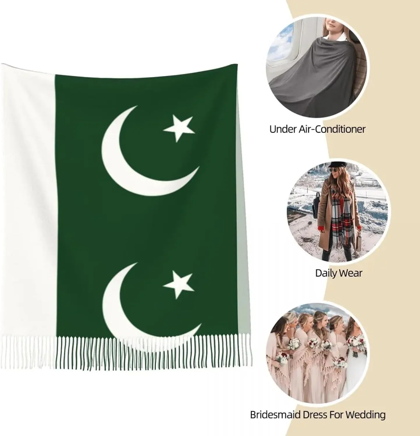 Womens Winter Warm Casual Scarf, Women's Scarf with Tassel Pakistan Flag Long Winter Warm Shawl Wrap G