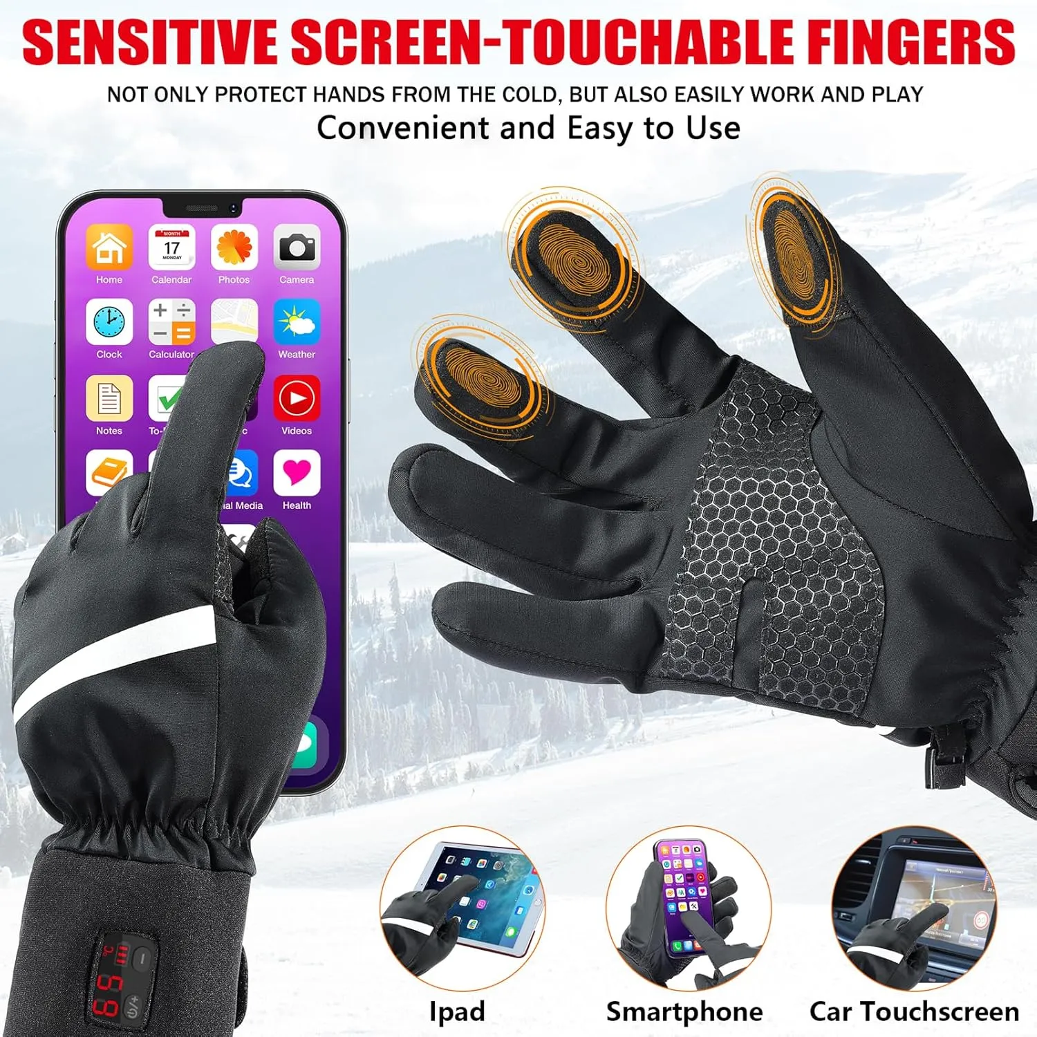 ZAPAL Heated Glove for Men Women Rechargeable, Winter Ski Gloves, Waterproof Touchscreen Heated Gloves for Climbing Hiking Cycling Camping
