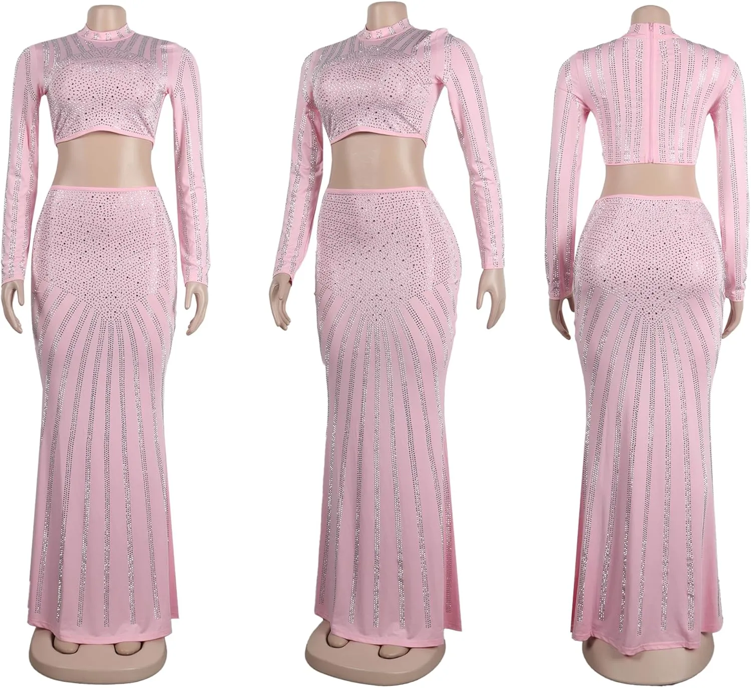 Zoctuo Women's Sexy Elegant Rhinestone 2 Piece Birthday Party Club Outfit Mesh See Through Bodycon Maxi Formal Evening Dress