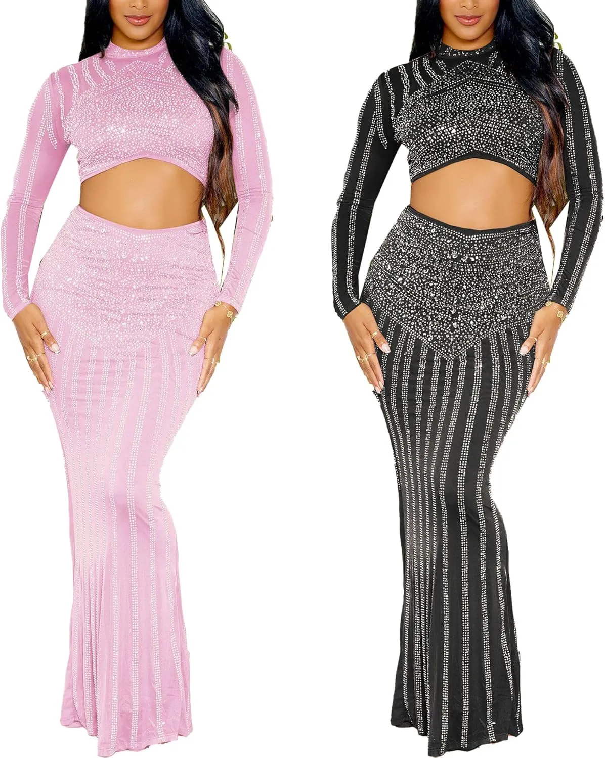 Zoctuo Women's Sexy Elegant Rhinestone 2 Piece Birthday Party Club Outfit Mesh See Through Bodycon Maxi Formal Evening Dress