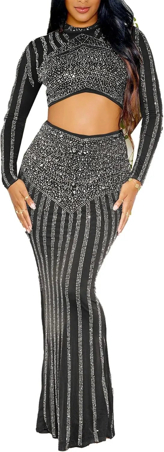 Zoctuo Women's Sexy Elegant Rhinestone 2 Piece Birthday Party Club Outfit Mesh See Through Bodycon Maxi Formal Evening Dress