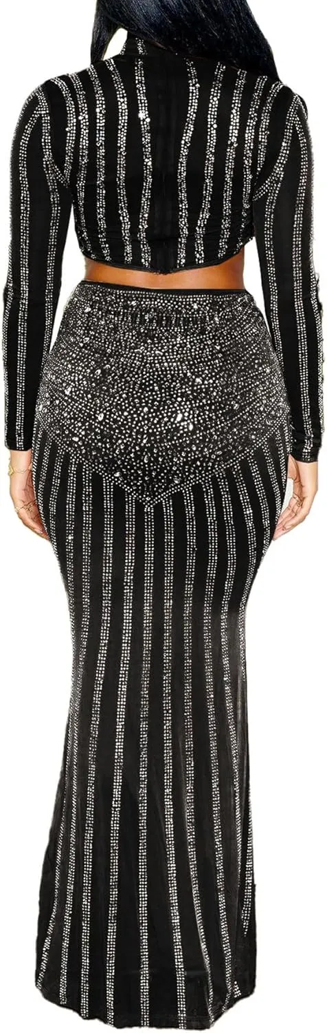 Zoctuo Women's Sexy Elegant Rhinestone 2 Piece Birthday Party Club Outfit Mesh See Through Bodycon Maxi Formal Evening Dress