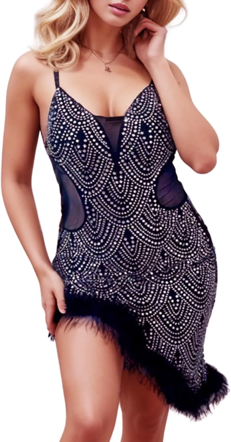 Zoctuo Women's Sexy Elegant Rhinestone Birthday Dress Sparkly Mesh See Through Hot Drilling Party Club Night Outfits