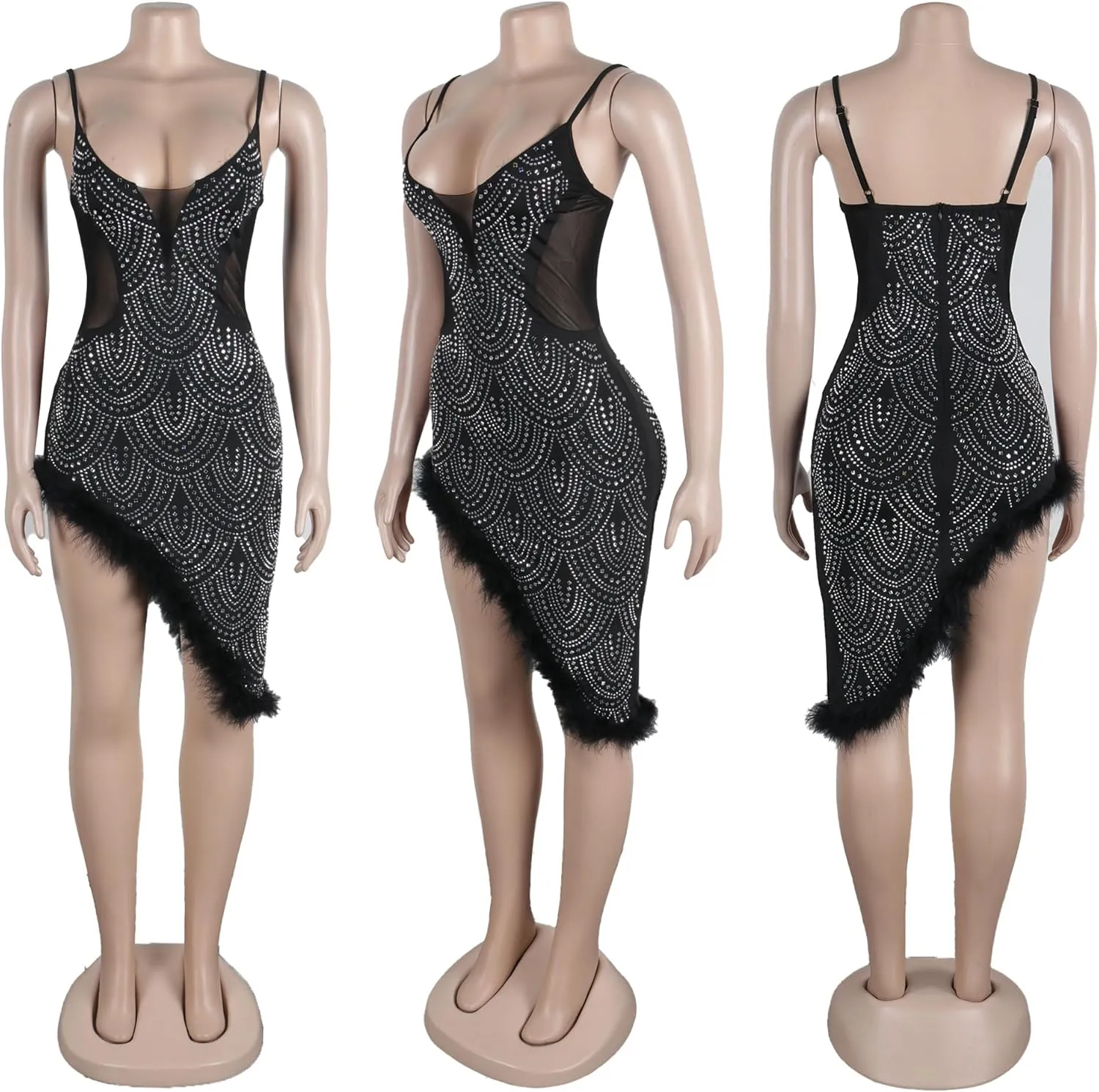 Zoctuo Women's Sexy Elegant Rhinestone Birthday Dress Sparkly Mesh See Through Hot Drilling Party Club Night Outfits