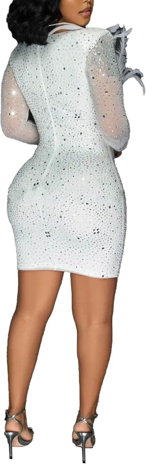 Zoctuo Women's Sexy Elegant Rhinestone Birthday Dress Sparkly Mesh See Through Hot Drilling Party Club Night Outfits