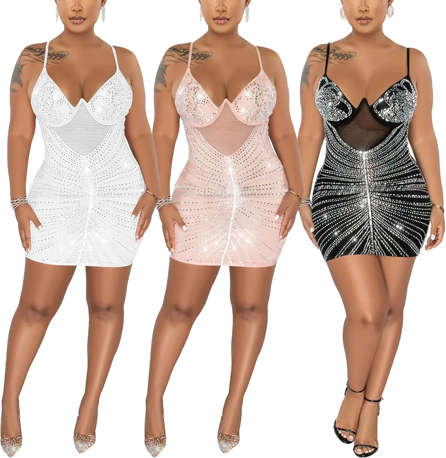 Zoctuo Women's Sexy Elegant Rhinestone Birthday Dress Sparkly Mesh See Through Hot Drilling Party Club Night Outfits